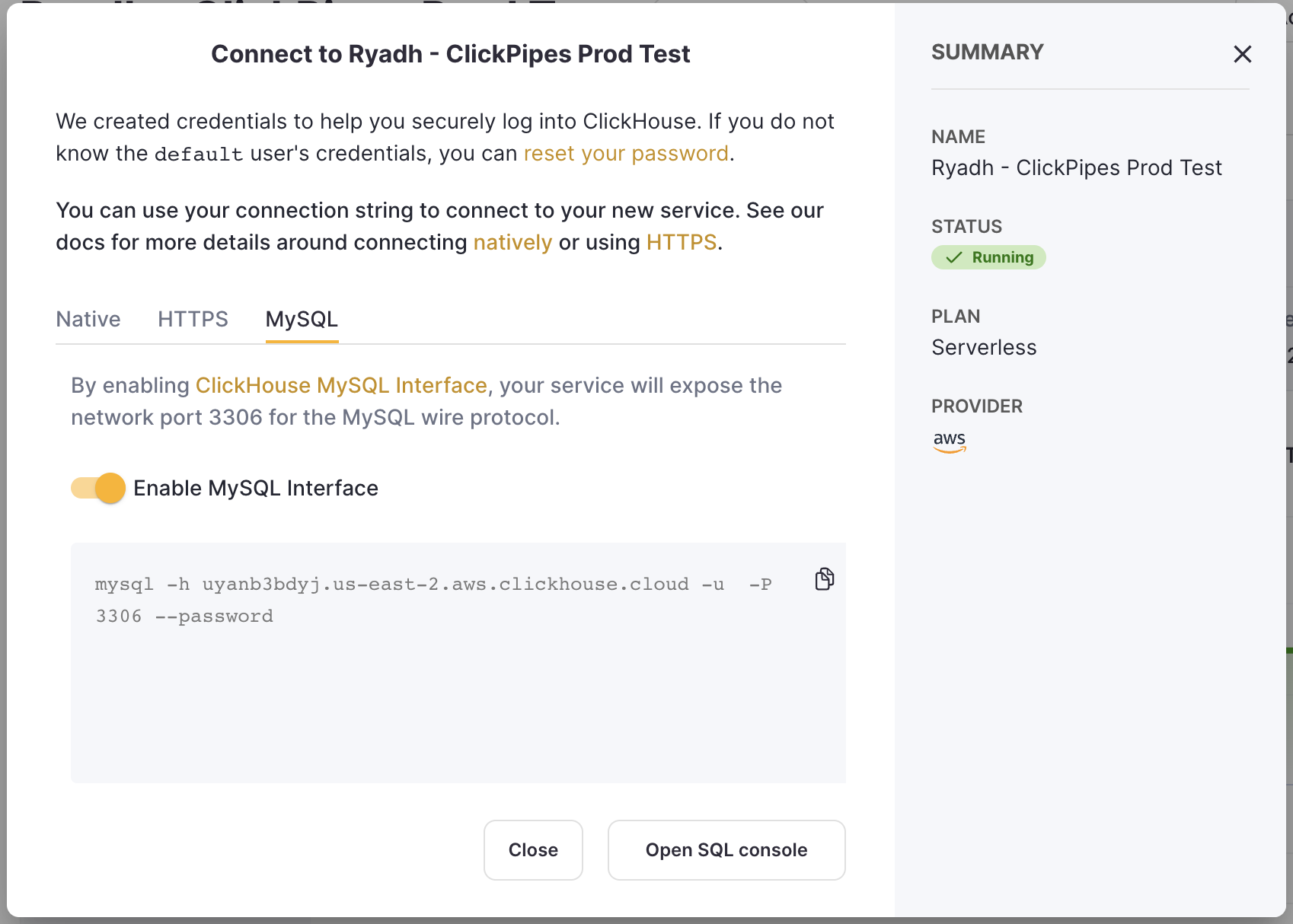 Connection screen -  MySQL Enabled